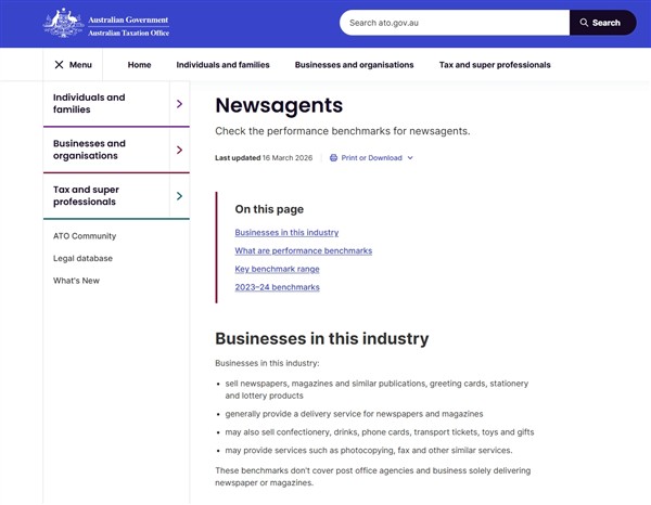 Newsagency ATO 2023–24 benchmarks