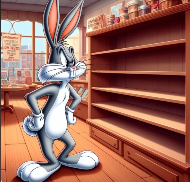 bugs bunny as a frustrated customer looking at an empty shelf in a gift shop