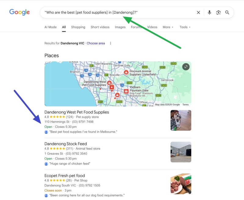 Google search for pet food supplier in Dandenong