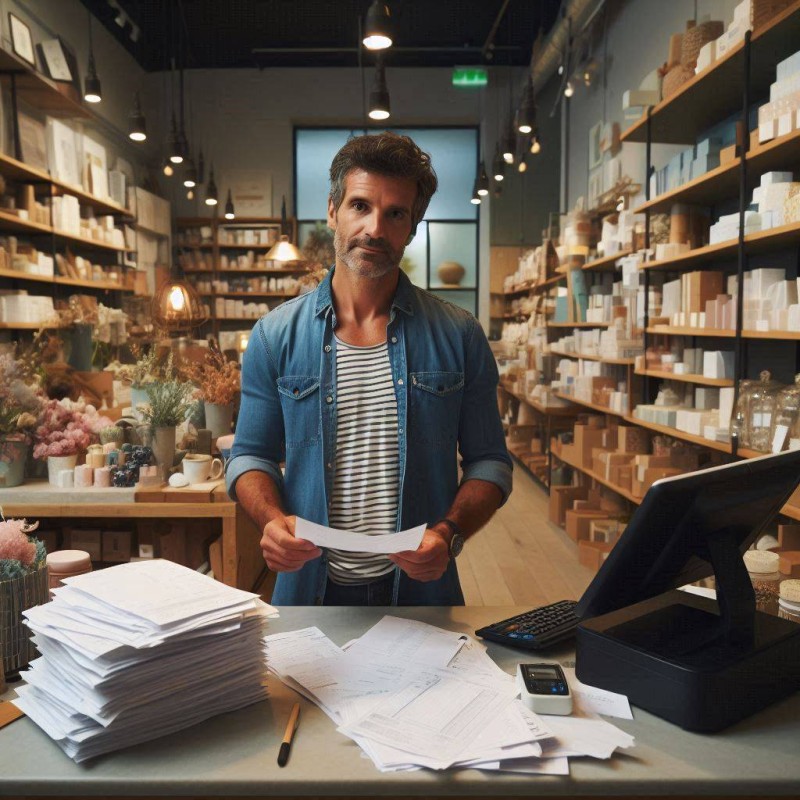 Australian retail store owner reviewing supplier invoices on a POS terminal