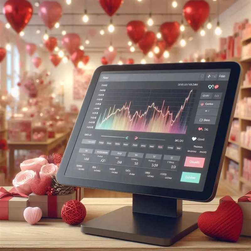 A small retail store counter with a POS screen with a graph in focus and with a blurred Valentine's decoration in the background.