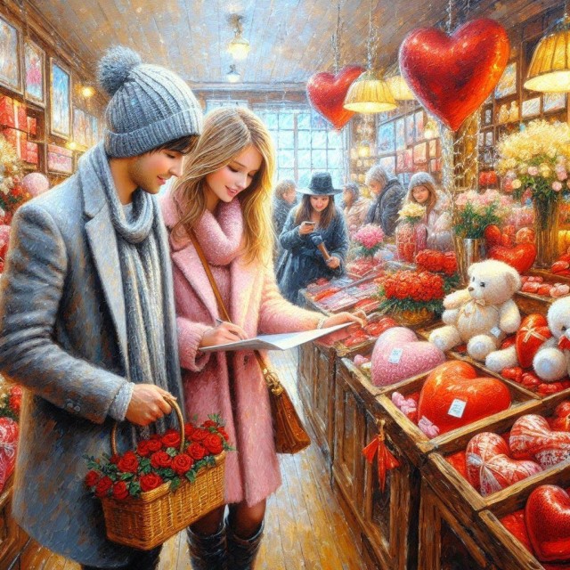 young man and woman shopping Valentines Day 