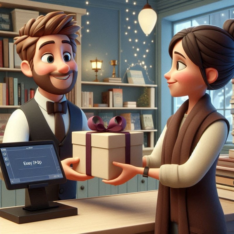 a retail staff member (smiling, professional) is handing a beautifully wrapped book or gift package to a customer.