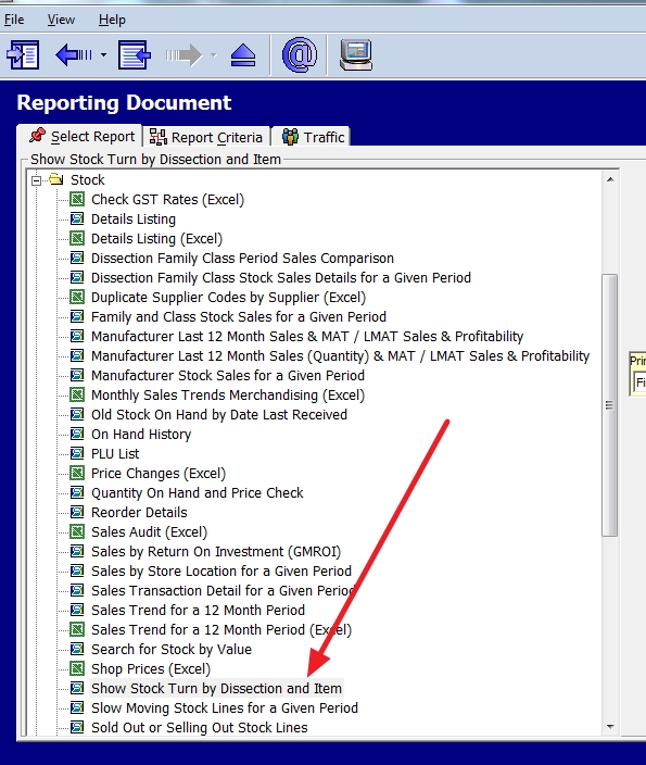 A screenshot of a retail store's inventory management software, highlighting the option to view stock turn reports.